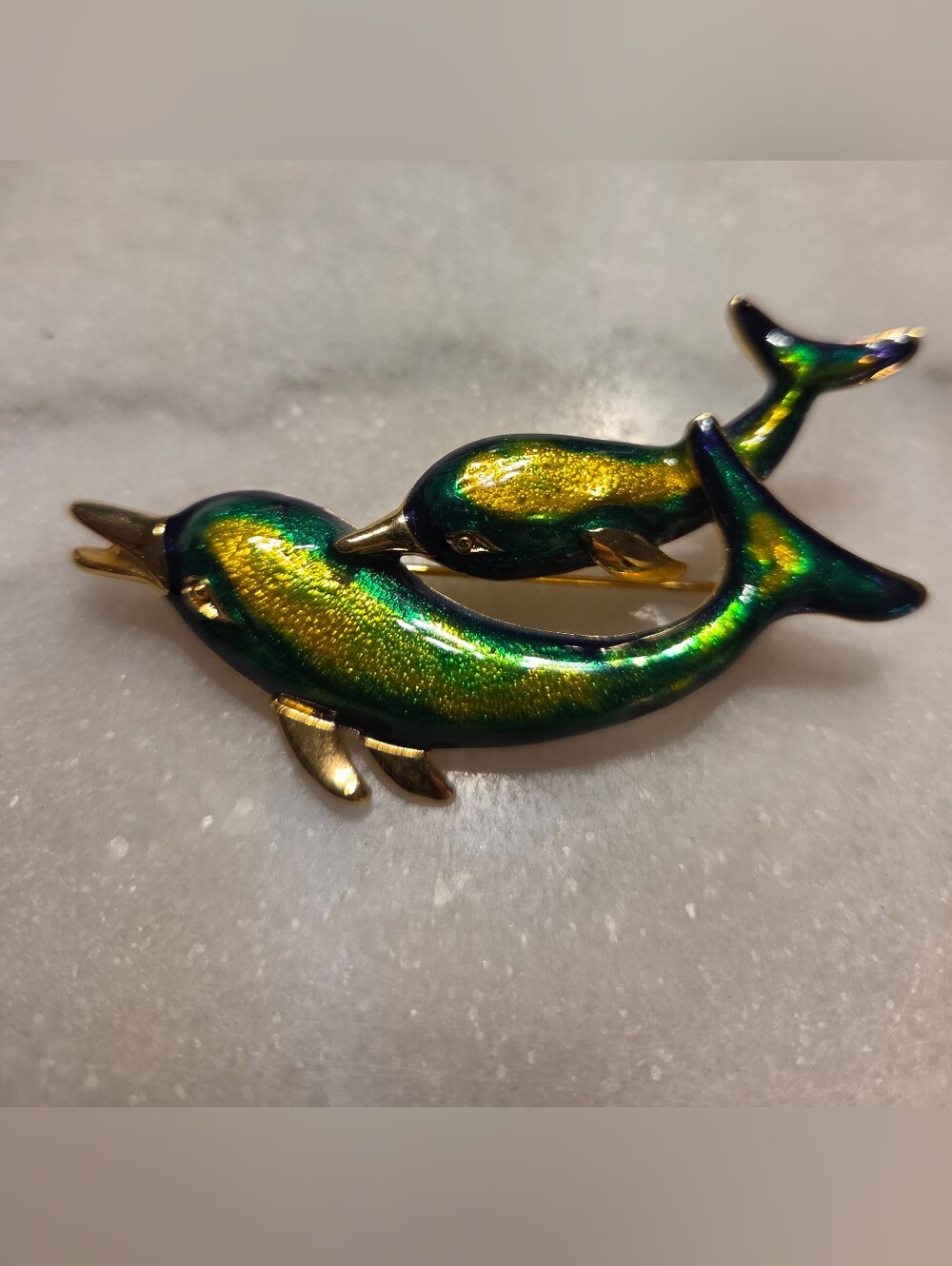 Signed 'TC' Tanya Creations Iridescent Gold Tone Dolphins Enamel Brooch Pin